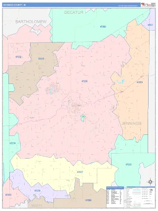 Jennings County, IN ColorCast style ZIP Code wall map