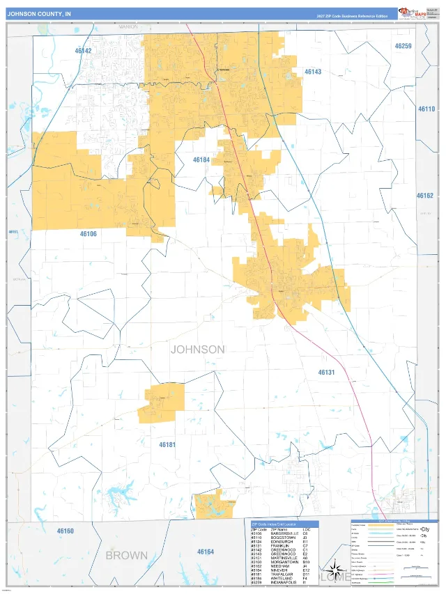 Johnson County, IN ZIP Code Wall Map, Business Reference style