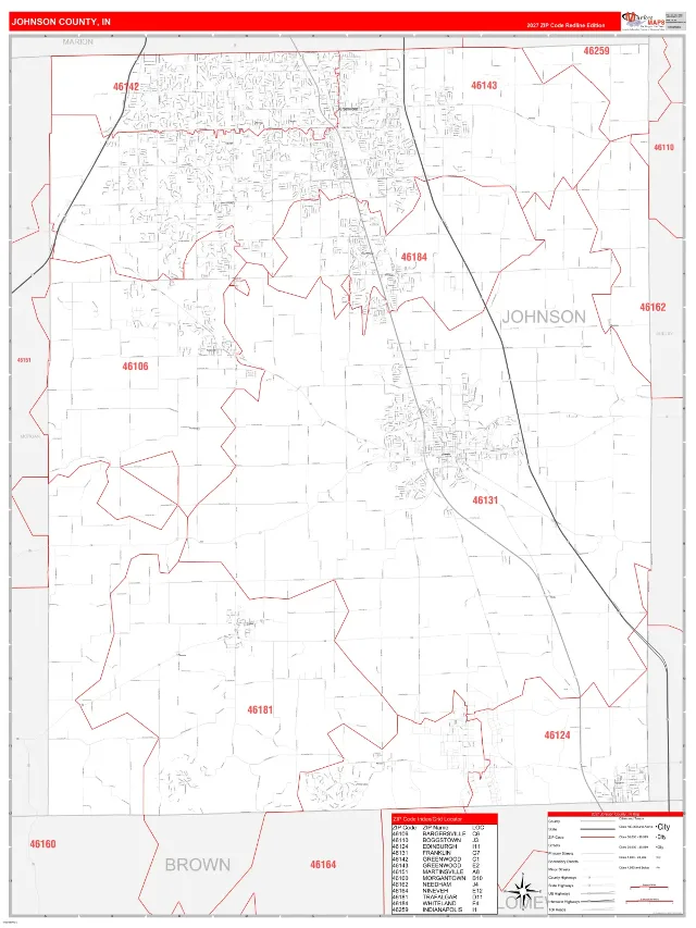 Johnson County, IN ZIP Code Wall Map, RedLine style