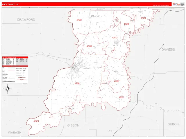 Knox County, IN ZIP Code Wall Map, RedLine style