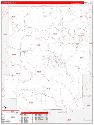 Kosciusko County, IN RedLine style ZIP Code wall map