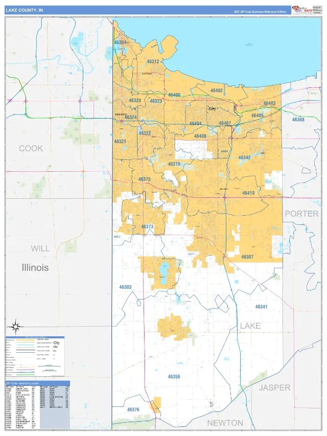 Lake County, IN ZIP Code Wall Map, Business Reference style
