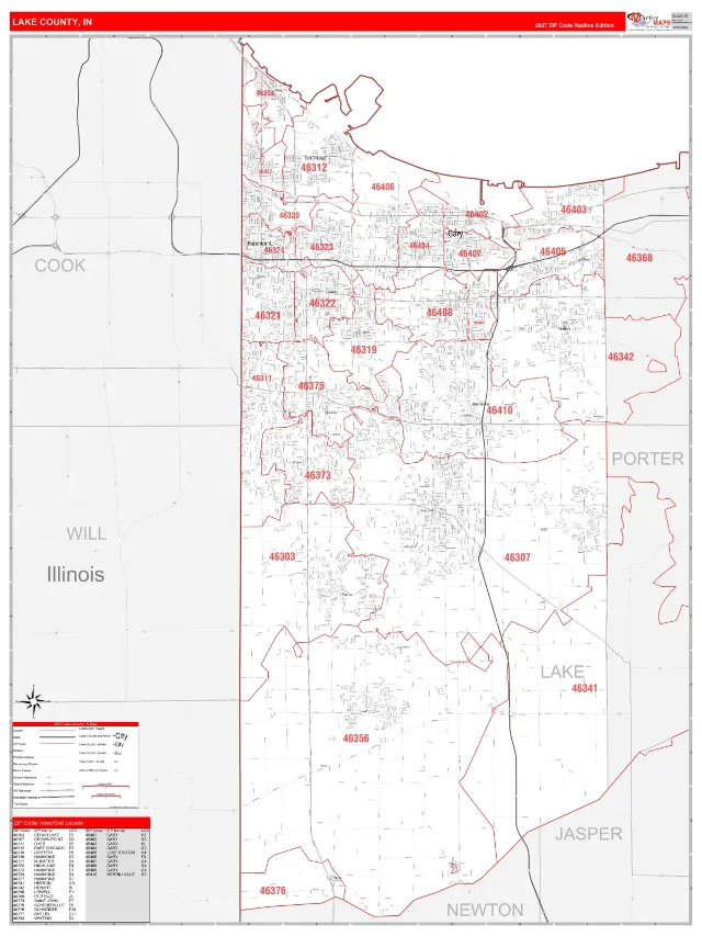 Lake County, IN ZIP Code Wall Map, RedLine style