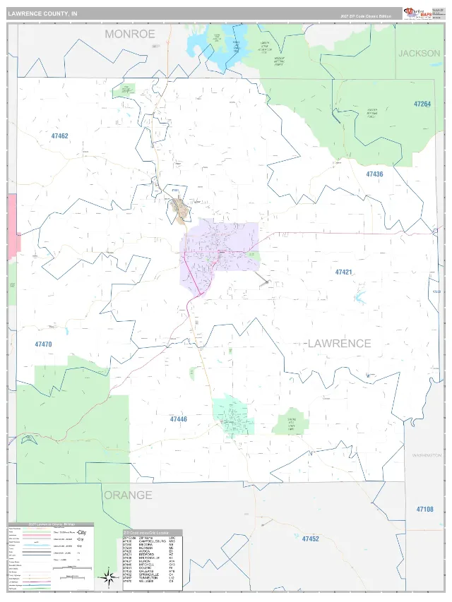 Lawrence County, IN ZIP Code Wall Map, Classic style