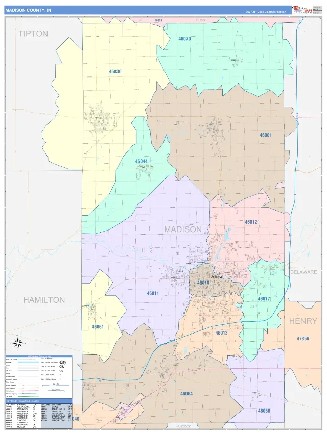 Madison County, IN ZIP Code Wall Map, ColorCast style