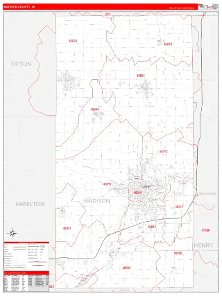 Madison County, IN RedLine style ZIP Code wall map