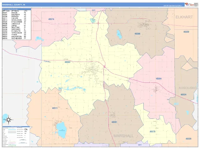 Marshall County, IN ZIP Code Wall Map, ColorCast style