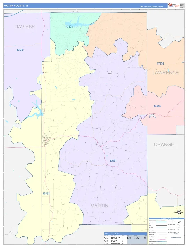 Martin County, IN ZIP Code Wall Map, ColorCast style