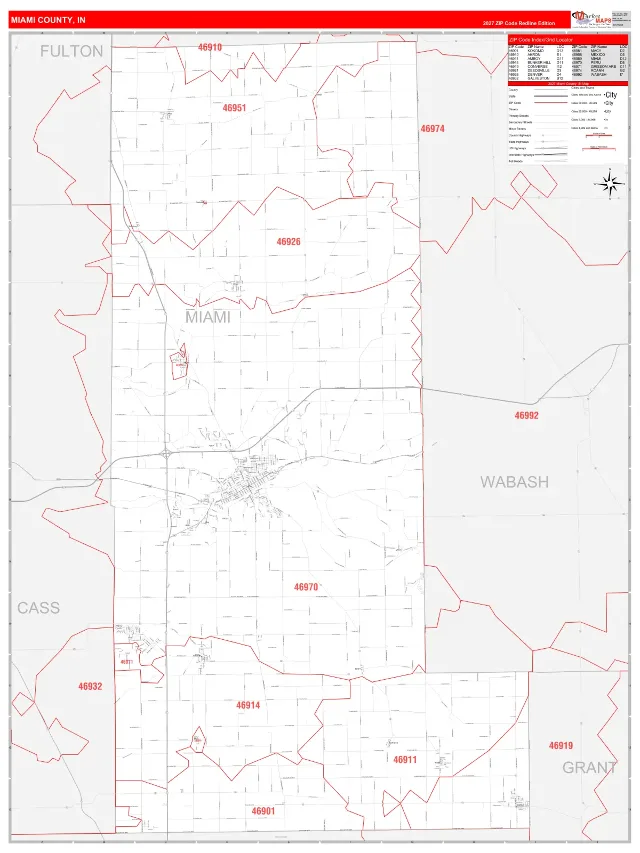Miami County, IN ZIP Code Wall Map, RedLine style