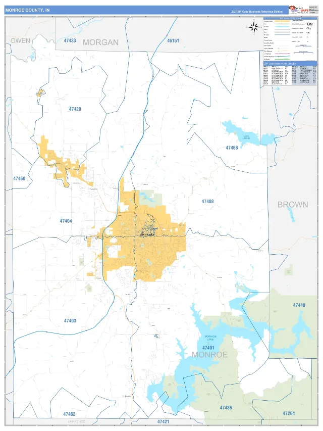 Monroe County, IN ZIP Code Wall Map, Business Reference style
