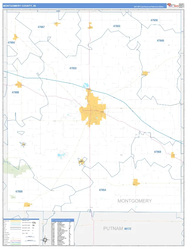 Montgomery County, IN ZIP Code Wall Map, Business Reference style