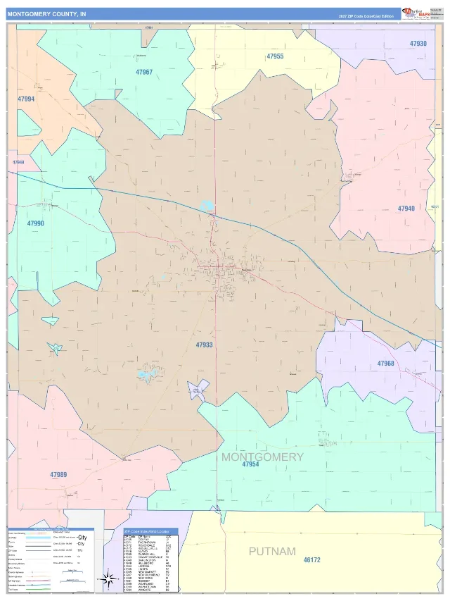 Montgomery County, IN ZIP Code Wall Map, ColorCast style