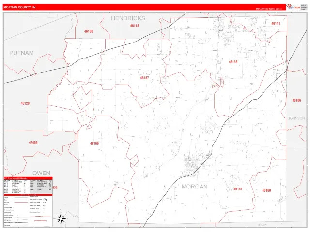Morgan County, IN ZIP Code Wall Map, RedLine style