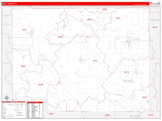 Noble County, IN RedLine style ZIP Code wall map