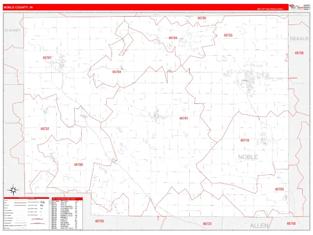 Noble County, IN ZIP Code Wall Map, RedLine style