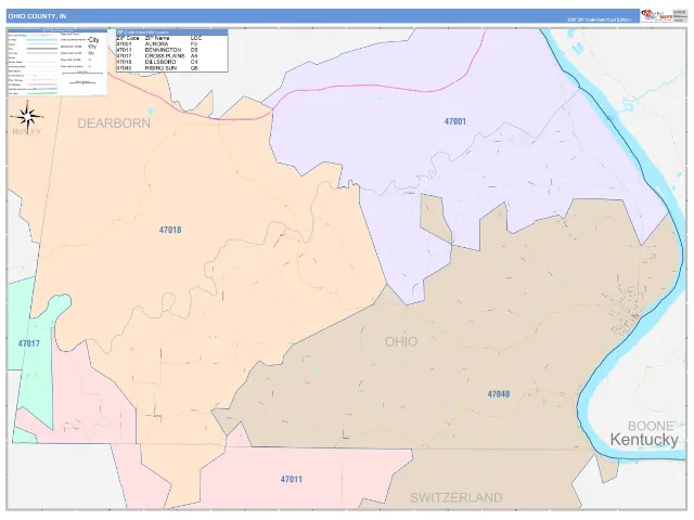 Ohio County, IN ZIP Code Wall Map, ColorCast style