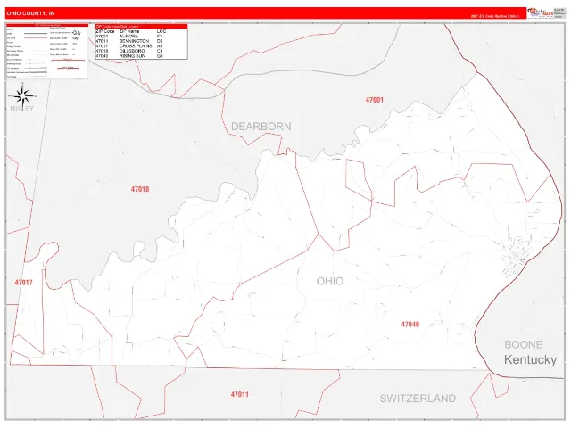 Ohio County, IN ZIP Code Wall Map, RedLine style