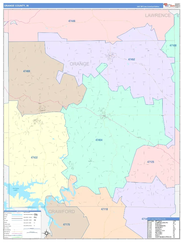 Orange County, IN ZIP Code Wall Map, ColorCast style