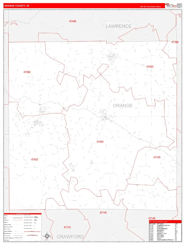 Orange County, IN ZIP Code Wall Map, RedLine style