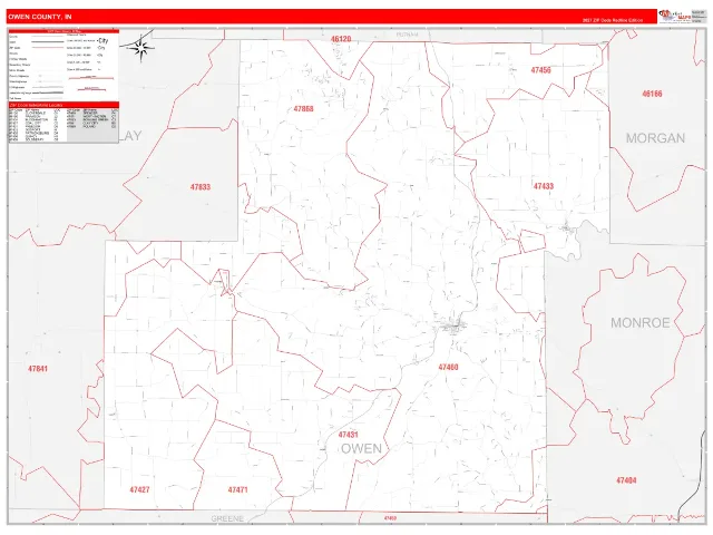 Owen County, IN ZIP Code Wall Map, RedLine style