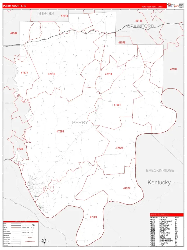 Perry County, IN ZIP Code Wall Map, RedLine style