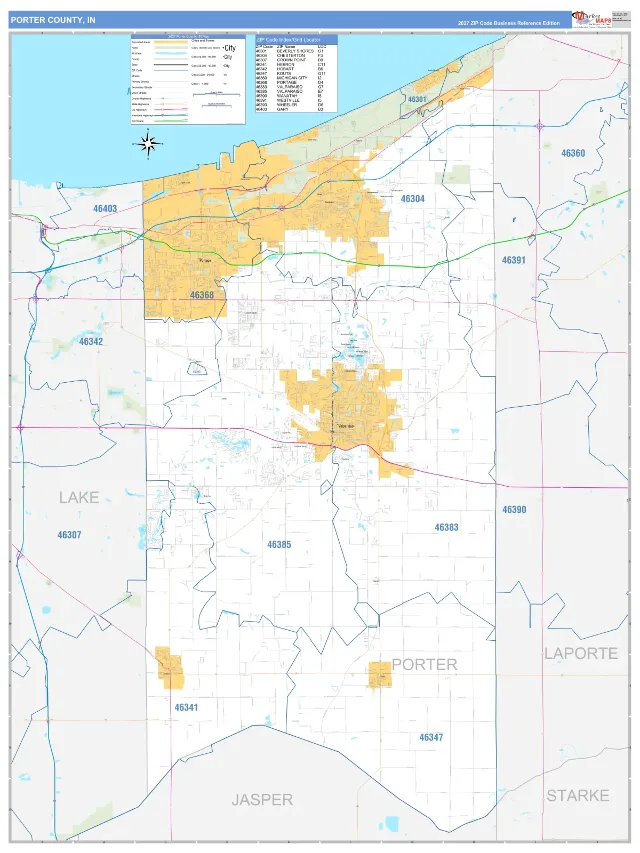 Porter County, IN ZIP Code Wall Map, Business Reference style