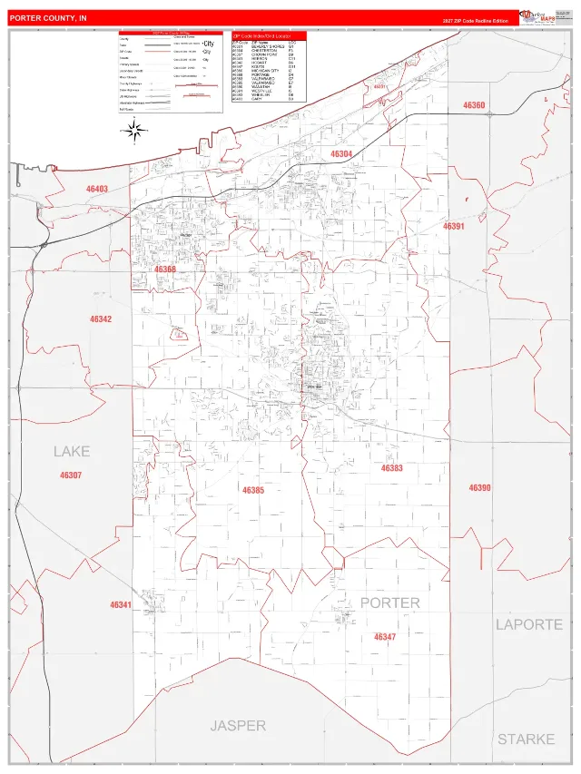 Porter County, IN ZIP Code Wall Map, RedLine style