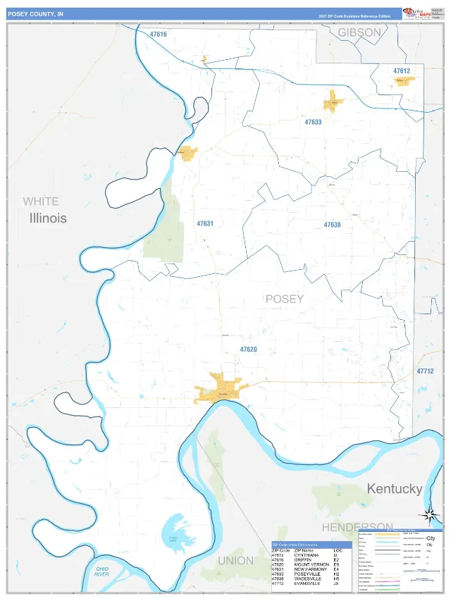 Posey County, IN ZIP Code Wall Map, Business Reference style