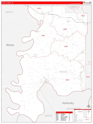 Posey County, IN RedLine style ZIP Code wall map