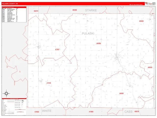 Pulaski County, IN ZIP Code Wall Map, RedLine style
