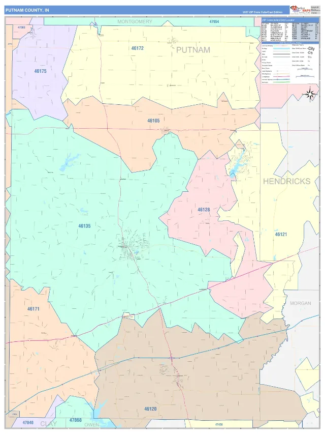 Putnam County, IN ZIP Code Wall Map, ColorCast style