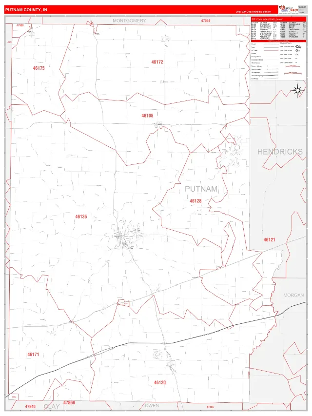 Putnam County, IN ZIP Code Wall Map, RedLine style
