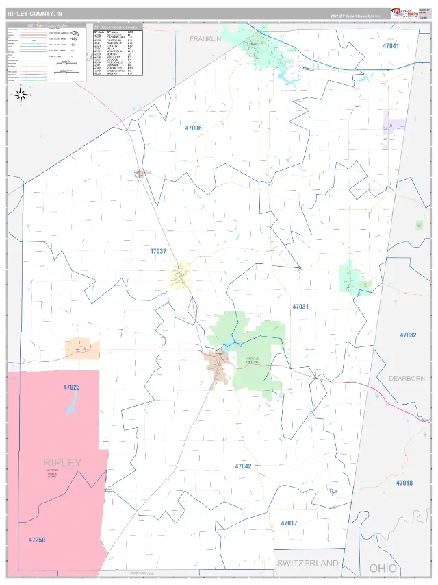 Ripley County, IN ZIP Code Wall Map, Classic style