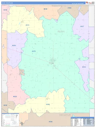 Rush County, IN ColorCast style ZIP Code wall map