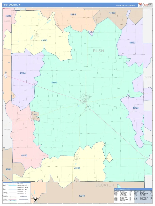 Rush County, IN ZIP Code Wall Map, ColorCast style