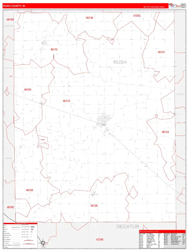 Rush County, IN ZIP Code Wall Map, RedLine style
