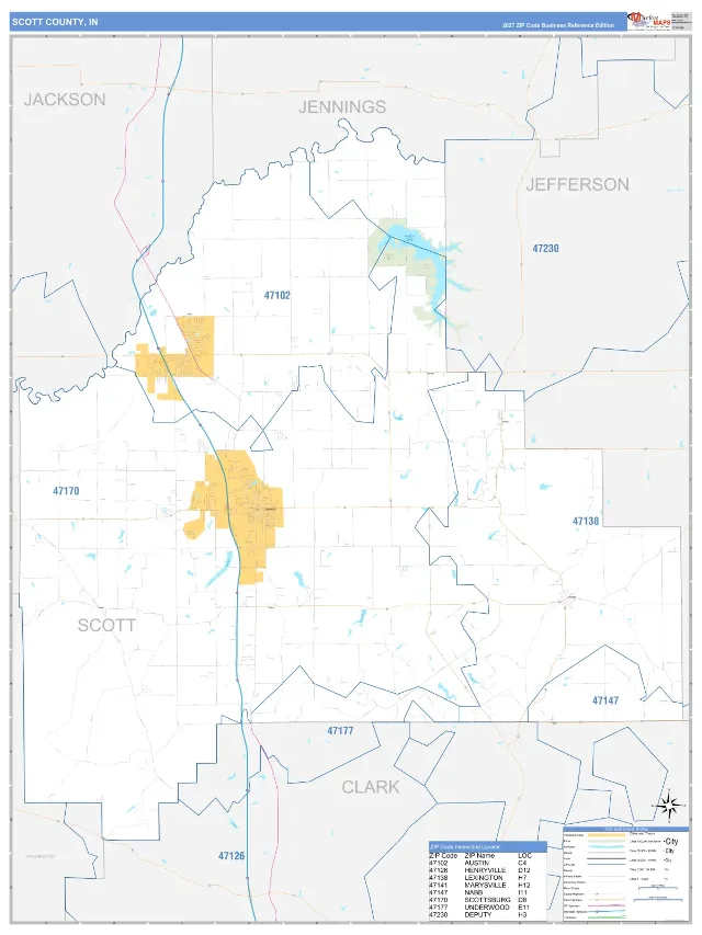 Scott County, IN ZIP Code Wall Map, Business Reference style