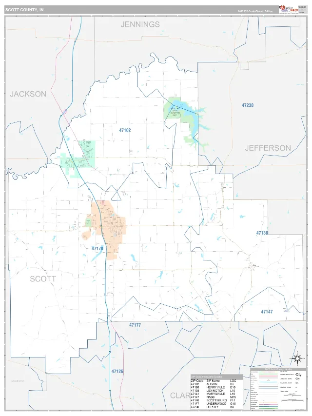 Scott County, IN ZIP Code Wall Map, Classic style