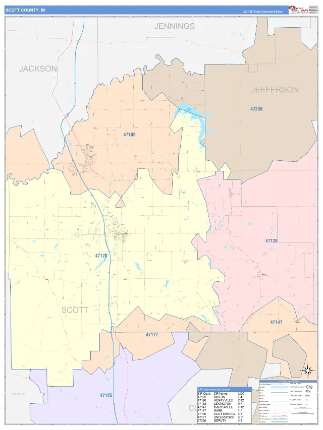Scott County, IN ZIP Code Wall Map, ColorCast style