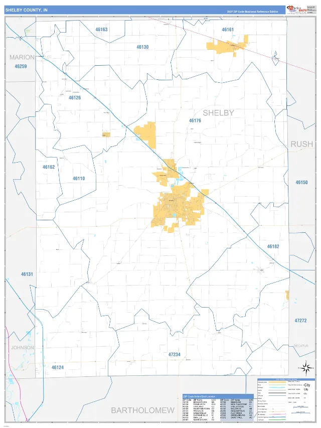 Shelby County, IN ZIP Code Wall Map, Business Reference style