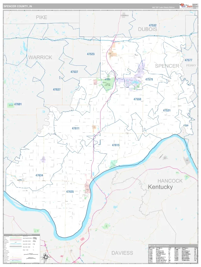 Spencer County, IN ZIP Code Wall Map, Classic style