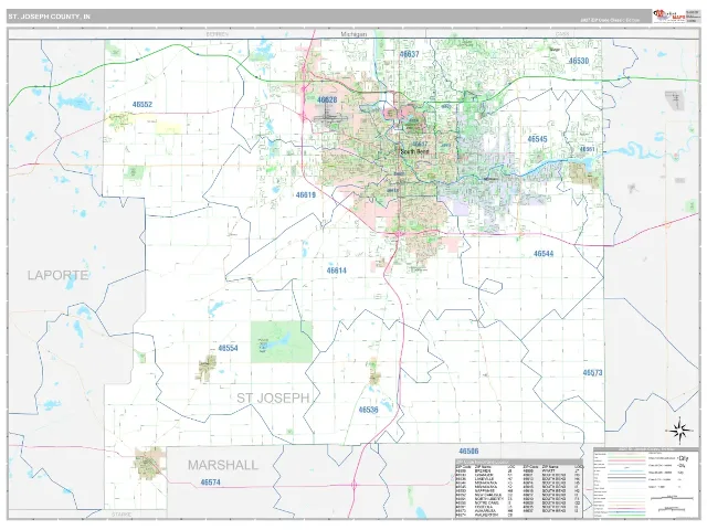 St. Joseph County, IN ZIP Code Wall Map, Classic style
