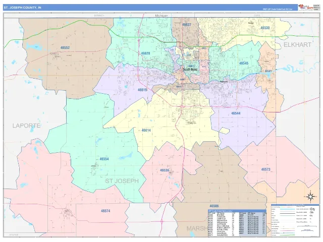 St. Joseph County, IN ZIP Code Wall Map, ColorCast style