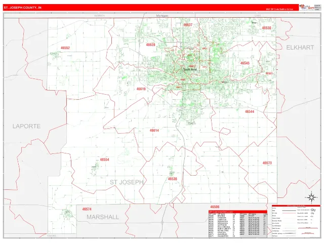 St. Joseph County, IN ZIP Code Wall Map, RedLine style