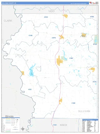 Sullivan County, IN Business Reference style ZIP Code wall map