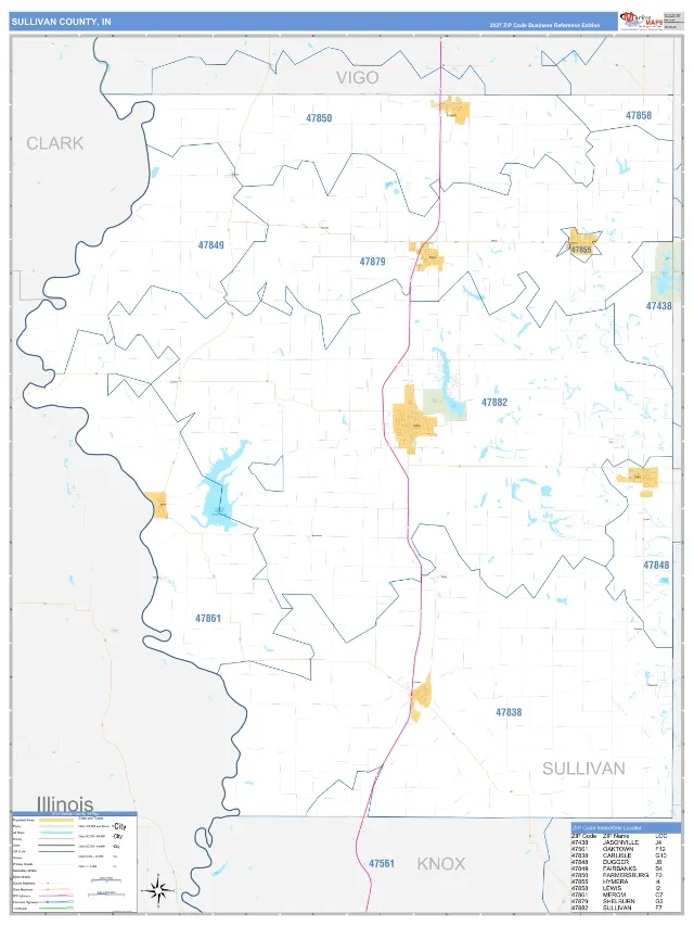 Sullivan County, IN ZIP Code Wall Map, Business Reference style