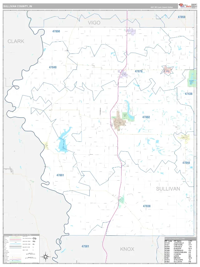 Sullivan County, IN ZIP Code Wall Map, Classic style
