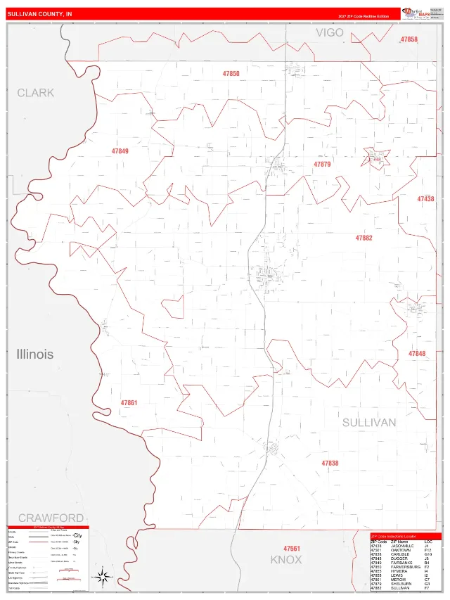 Sullivan County, IN ZIP Code Wall Map, RedLine style
