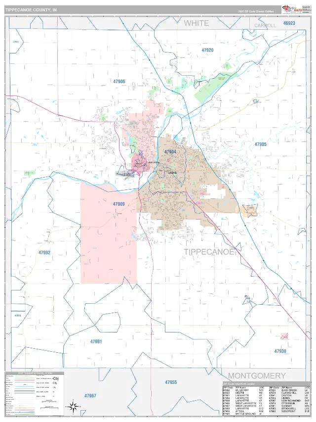 Tippecanoe County, IN ZIP Code Wall Map, Classic style