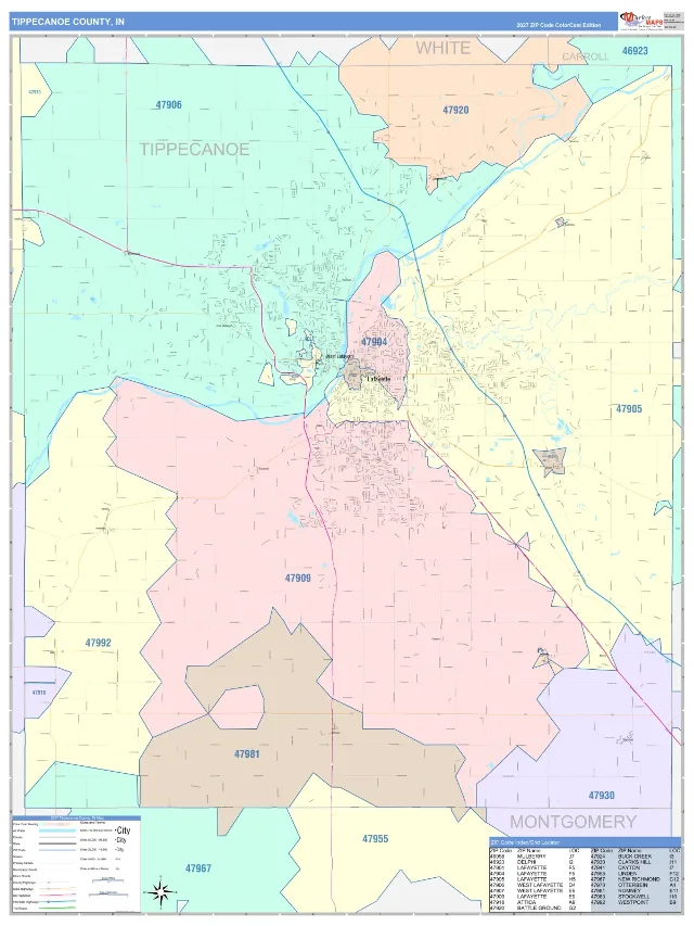 Tippecanoe County, IN ZIP Code Wall Map, ColorCast style